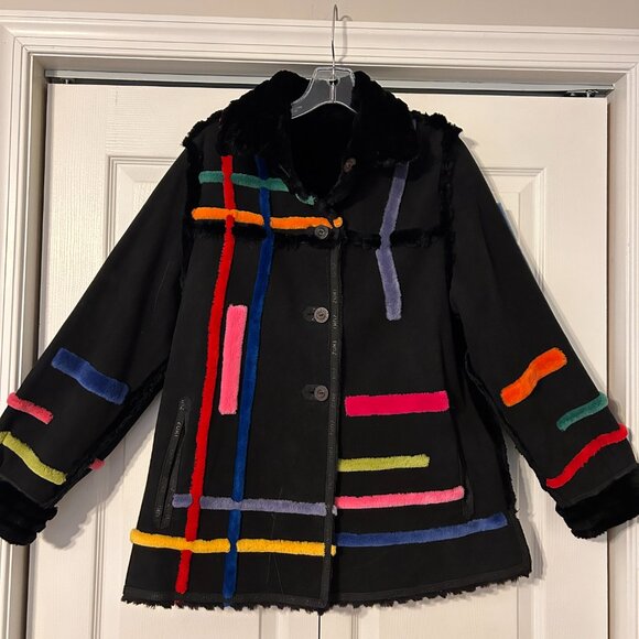 ZUKI Sz M/L Black Sheared Beaver w/Suede & Abstract Design Reversible Coat Jkt - Picture 2 of 14